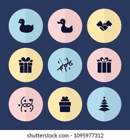 Set of 9 greeting filled icons such as duck, present, confetti, handshake, gift
