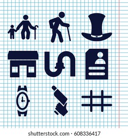 Set of 9 grey filled icons such as wrist watch, pipe, nail gun, resume, hat, grid, store, old man