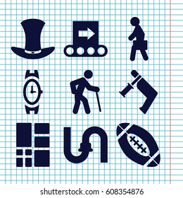 Set of 9 grey filled icons such as wrist watch, pipe, nail gun, man with case, hat, grid, american football, conveyor