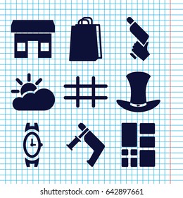Set of 9 grey filled icons such as wrist watch, shopping bag, nail gun, hat, grid, sun cloud