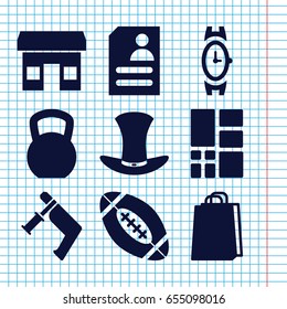 Set of 9 grey filled icons such as wrist watch, shopping bag, nail gun, resume, hat, grid, american football, store