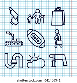 Set of 9 grey outline icons such as pipe, shopping bag, nail gun, man with case, sun cloud, conveyor and robot arm, american football