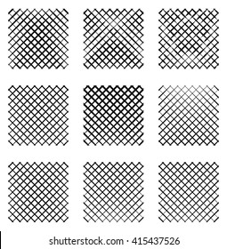 Set of 9 grids, meshes. Set of monochrome elements, backgrounds, patterns.