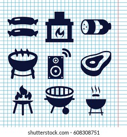 Set of 9 grill filled icons such as beef, sausage, bbq, fireplace, music loudspeaker, barbecue