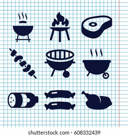 Set of 9 grilled filled icons such as sausage, kebab, beef, bbq, chicken