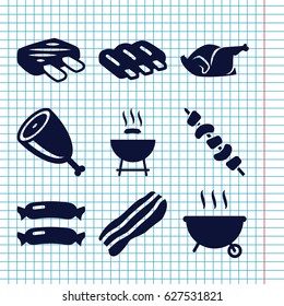 Set of 9 grilled filled icons such as sausage, chicken, kebab, bacon, meat