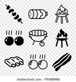 Set of 9 grilled filled and outline icons such as kebab, bacon, meat, bbq