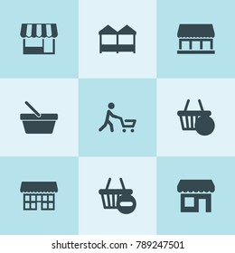 Set of 9 grocery filled icons such as shopping bucket, store, shopping basket, shop, man with shopping cart