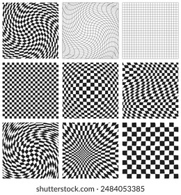 Set of 9 Groovy Checkered Check Patterns Black and White Retro Check illustration