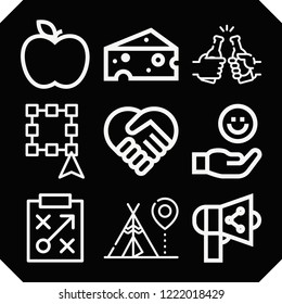 Set of 9 group outline icons such as select, apple, strategy, hangout, share, cheese, handshake, hand