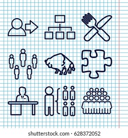 Set of 9 group outline icons such as buffalo, structure, puzzle, group, fork and knife, man working at the table