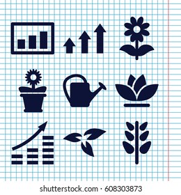 Set of 9 grow filled icons such as plant, watering can, flower pot, flower, graph