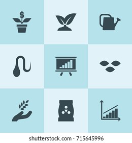 Set of 9 grow filled icons such as seeds, harvest, sprouting, watering can, fertilizer, money flower, graph chart