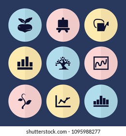 Set of 9 growing filled icons such as beet, board, graph, chart, plant, money tree