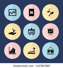 Set of 9 growing filled icons such as chart, plant on hand, graph, plant, graph on board