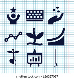 Set of 9 growth filled icons such as hand with seeds, hoe, pot for plants, sprout, line graph, chart, plant