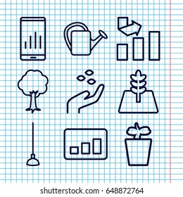 Set of 9 growth outline icons such as hand with seeds, graph, hoe, watering can, plant in pot, tree, graph on display
