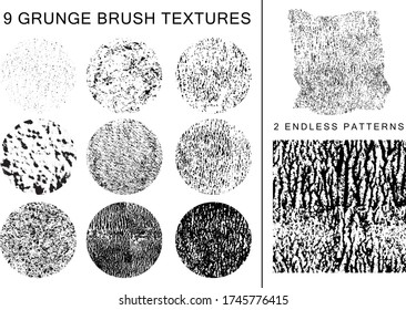 Set of 9 grunge brush textures and 2 grunge seamless patterns