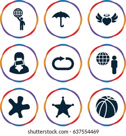 set of 9 grunge filled icons such as splash, basketball, keep dry cargo, heart angel wings, censored woman, reload replay, sheriff, globe and man