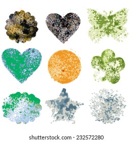 Set of 9 grunge vector shapes. Design elements. Vintage star, heart, circle, scallops, flowers and butterfly. Retro style, abstract vector background. Hand painted. Vintage.