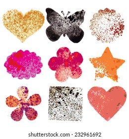 Set of 9 grunge vector shapes. Design elements. Vintage star, heart, butterfly, scallops, flowers and square. Retro style, abstract vector background. Hand drawn. Vintage.