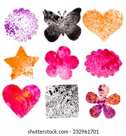 Set of 9 grunge vector shapes. Design elements. Vintage star, heart, butterfly, scallops, flowers and square. Retro style, abstract vector background. Hand drawn. Vintage.