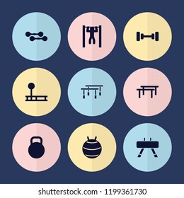 Set of 9 gym filled icons such as barbell, bar   tightening, kettle, fitness equipment, fit ball, horizontal bar