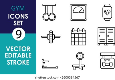 A set of 9 gym-related vector icons in black outline style: gymnastic rings, scale, supplement bottle, dumbbell, calendar, lockers, rowing machine, barbell, and protein jar