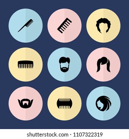 Set of 9 haircut filled icons such as comb, woman hairstyle, hairstyle