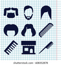 Set of 9 haircut filled icons such as comb, beauty salon, woman hairstyle, man hairstyle