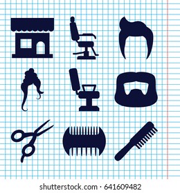 Set of 9 haircut filled icons such as comb, man hairstyle, barber scissors, beauty salon, barber chair