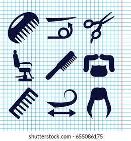 Set of 9 haircut filled icons such as comb, woman hairstyle, barber scissors, barber chair, curly hair, straight hair