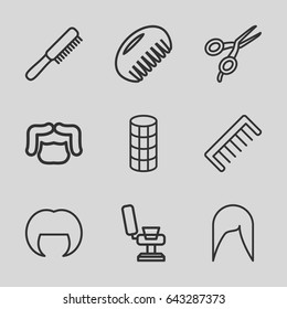 Set of 9 haircut outline icons such as comb, barber scissors, barber chair, woman hairstyle, man hairstyle