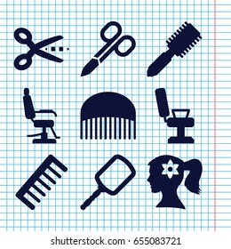 Set of 9 hairdresser filled icons such as hair brush, manicure scissors, comb, mirror, barber chair, woman face with flower in hair