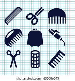 Set of 9 hairdresser filled icons such as comb, barber scissors, hairdresser peignoir, hair curler