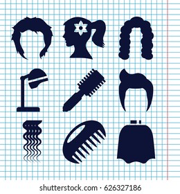 Set of 9 hairstyle filled icons such as comb, man hairstyle, hair brush, salon hair dryer, hairdresser peignoir