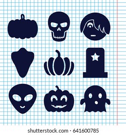 Set of 9 halloween filled icons such as pumpkin, animal fang, emo emot, ghost, alien head, pumpkin haloween, skull