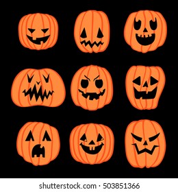 Set of 9 halloween pumpkins, isolated vector symbol of Halloween, cute expressions in cartoon style, EPS 8
