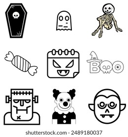 Set of 9 Halloween vector icons featuring a coffin, ghost, skeleton, candy, calendar, 'Boo' text, Frankenstein, clown, and vampire. Ideal for Halloween projects and designs