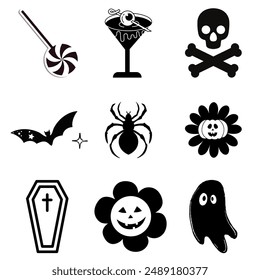 Conjunto de 9 iconos vectoriales de Halloween con una piruleta, cóctel, calavera, murciélago, araña, flor de calabaza, ataúd y fantasma. Ideal para decoraciones y proyectos de Halloween.