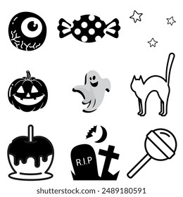 Set of 9 Halloween vector icons featuring an eyeball, candy, stars, pumpkin, ghost, black cat, caramel apple, tombstone, and lollipop. Perfect for Halloween projects.