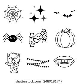 Set of 9 Halloween vector icons featuring a spider web, stars, bats, spider, candies, pumpkin, werewolf, bunting, and vampire teeth. Perfect for Halloween projects and decorations