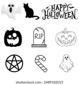 Set of 9 Halloween vector icons featuring a ghost, black cat, 'Happy Halloween' text, pumpkins, tombstone, pentagram, candy cane, and ghost. Ideal for Halloween designs