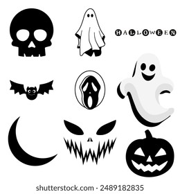 Set of 9 Halloween vector icons featuring skulls, ghosts, bats, moon, scary face, and pumpkin. Ideal for Halloween-themed decorations, invitations, and festive designs