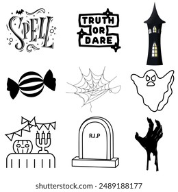 Set of 9 Halloween vector icons featuring 'SPELL' text, 'Truth or Dare' sign, haunted house, candy, spider web, ghost, party setup, tombstone, and zombie hand