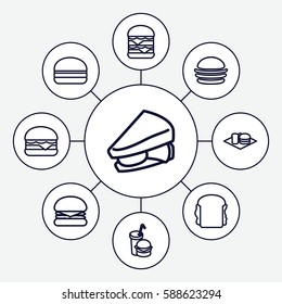Set of 9 hamburger outline icons such as burger, sandwich, cheeseburger