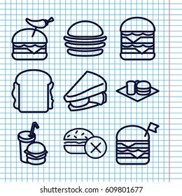 Set Of 9 Hamburger Outline Icons Such As No Fast Food, Burger, Sandwich