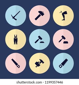Set of 9 hammer filled icons such as auction hummer, gardener jumpsuit, auction, hammer, saw, hummer
