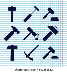 Set of 9 hammer filled icons such as hammer, hummer, auction