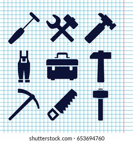Set of 9 hammer filled icons such as saw, toolbox, hummer, garden hammer, gardener jumpsuit